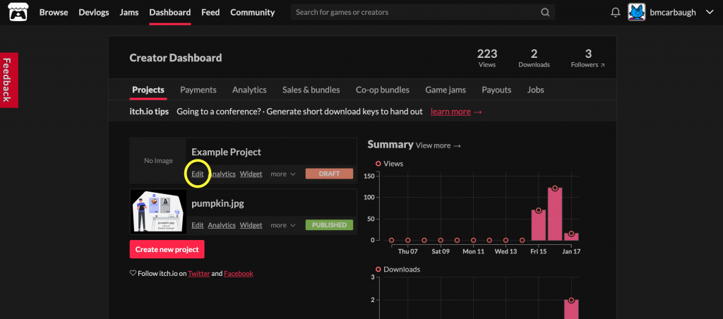 9. Screenshot of the itch.io dashboard with an example project created